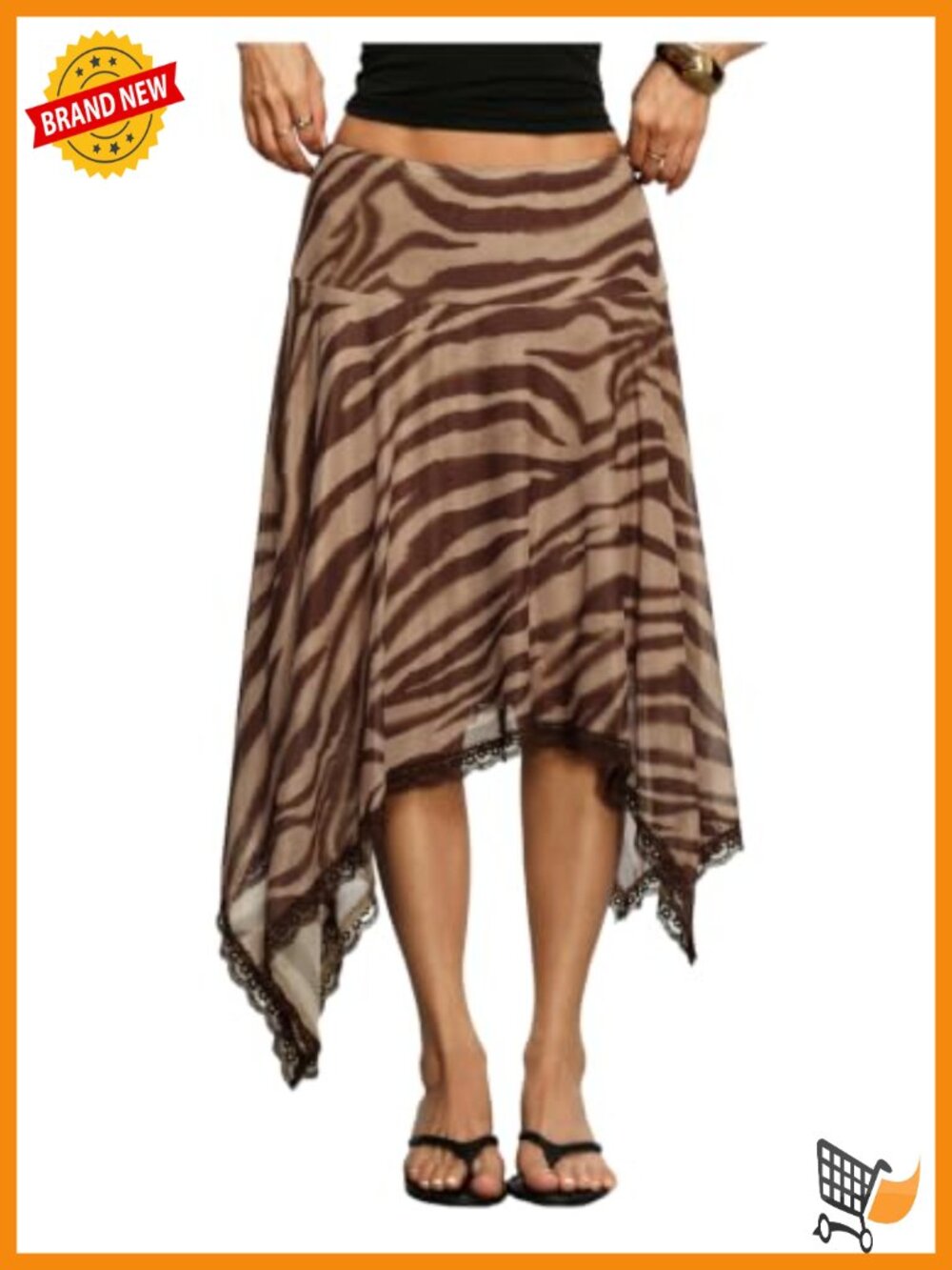 Zebra Print Midi Skirt with Lace Trim and Asymmetrical Flowy Hem